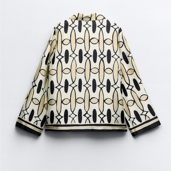 Zara NWT geo print beige cream white & black printed satin button up shirt - Picture 4 of 10
